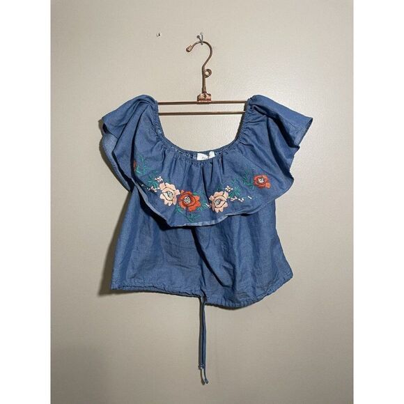Everly Off The Shoulder Denim Top Floral Embroidered Print Drawstring Sz Medium - Picture 2 of 5